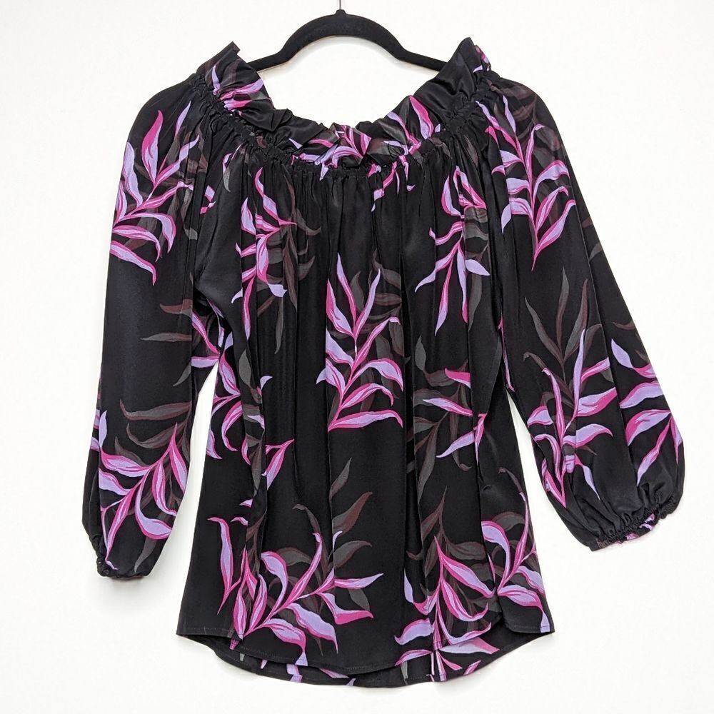 Tucker NYC Off the Shoulder Long Top Black Coconut Palms Crepe de Chine Silk Top